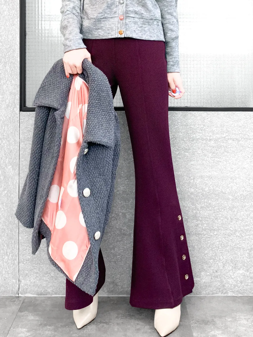 Last Chance! Plum Red-Purple Flare Leg Pull On Button Pants