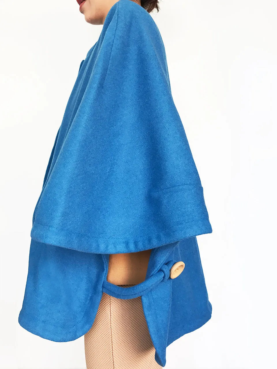 Last Chance! Sweet Blue Collarless Woollen Cape Coat