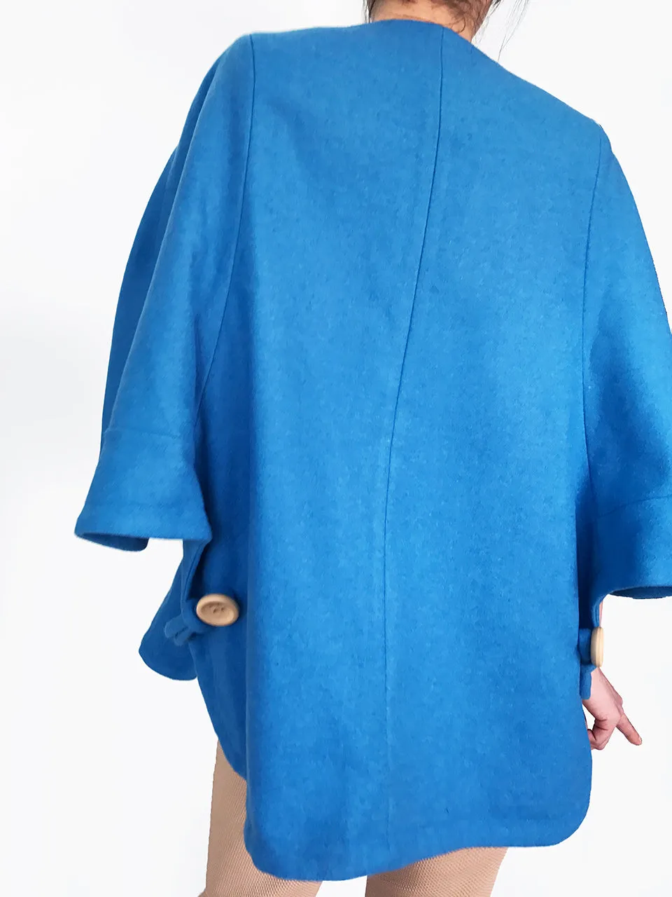 Last Chance! Sweet Blue Collarless Woollen Cape Coat