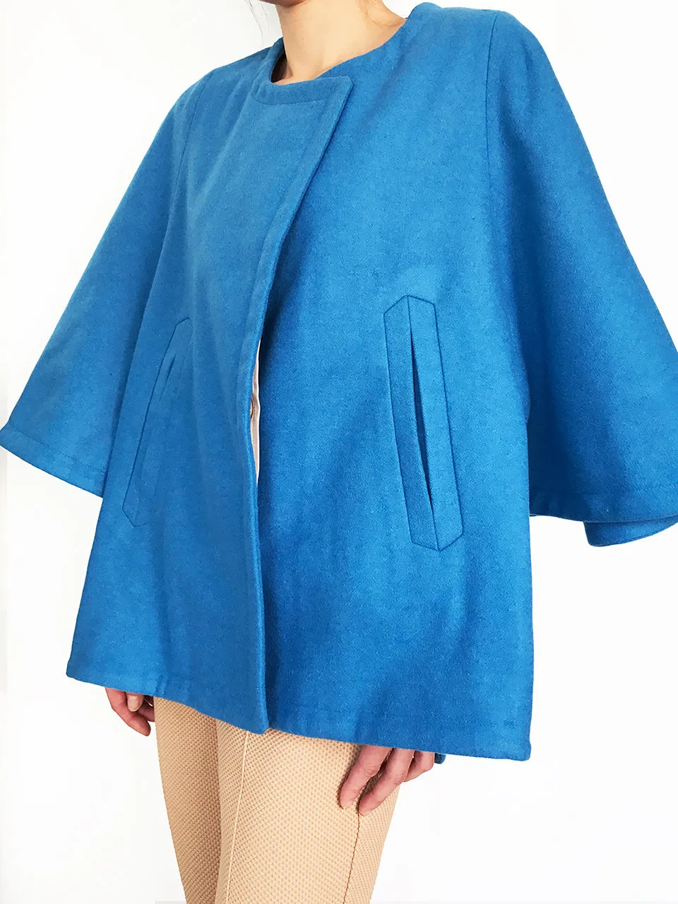 Last Chance! Sweet Blue Collarless Woollen Cape Coat