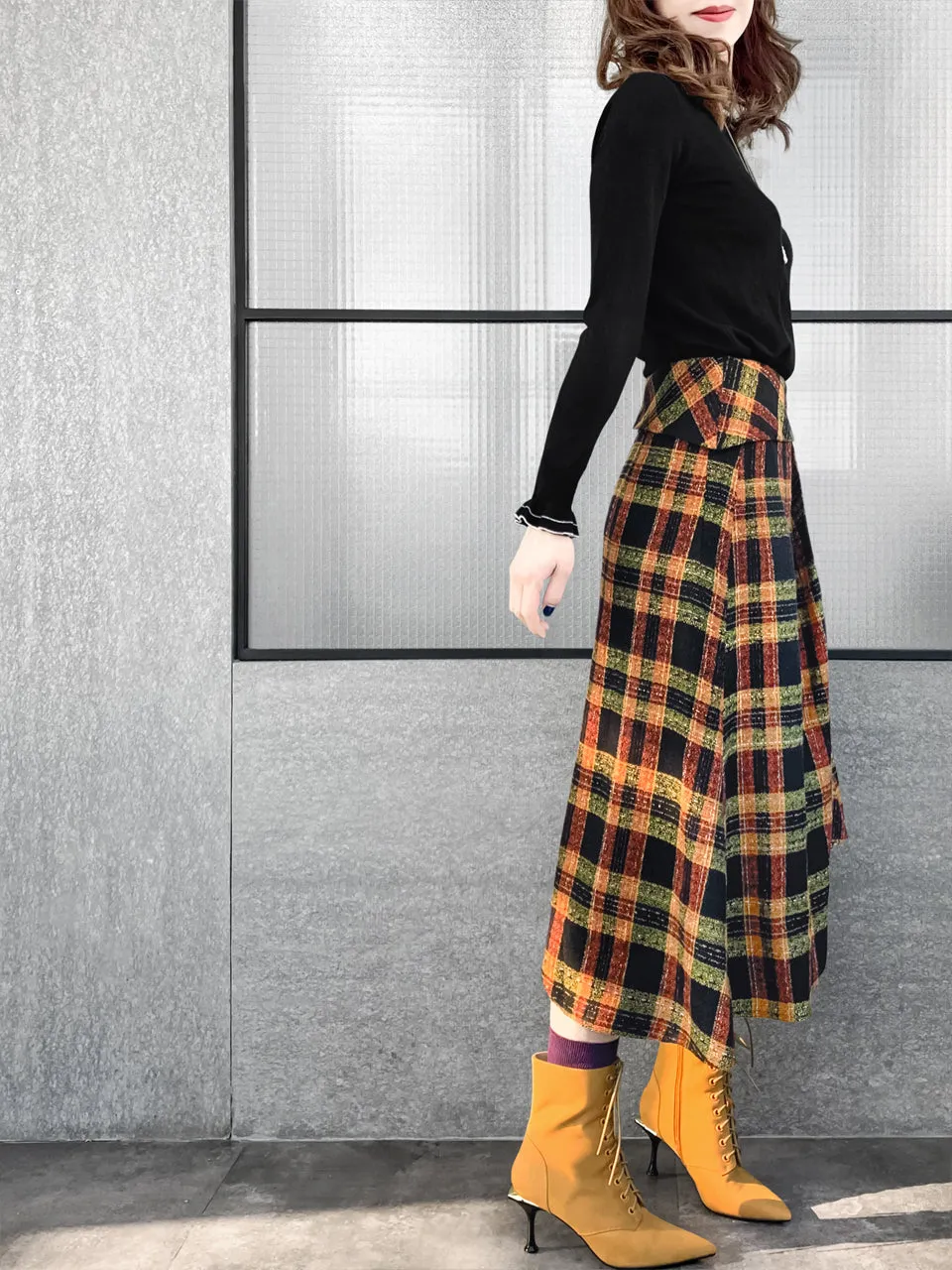 Last Chance! Yellowish Tartan Roll Top High/Low Flowy Skirt