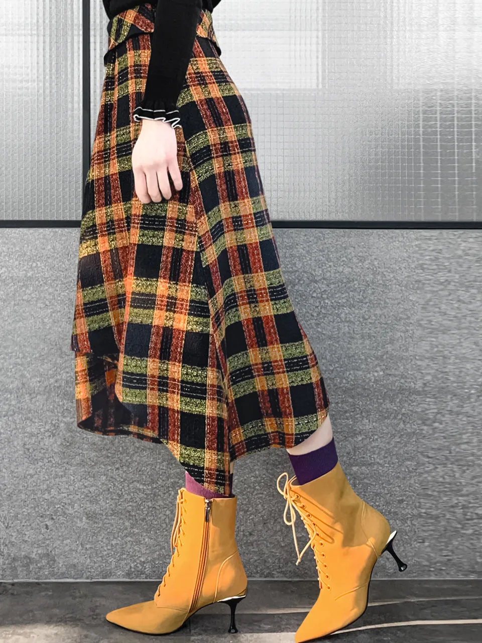 Last Chance! Yellowish Tartan Roll Top High/Low Flowy Skirt