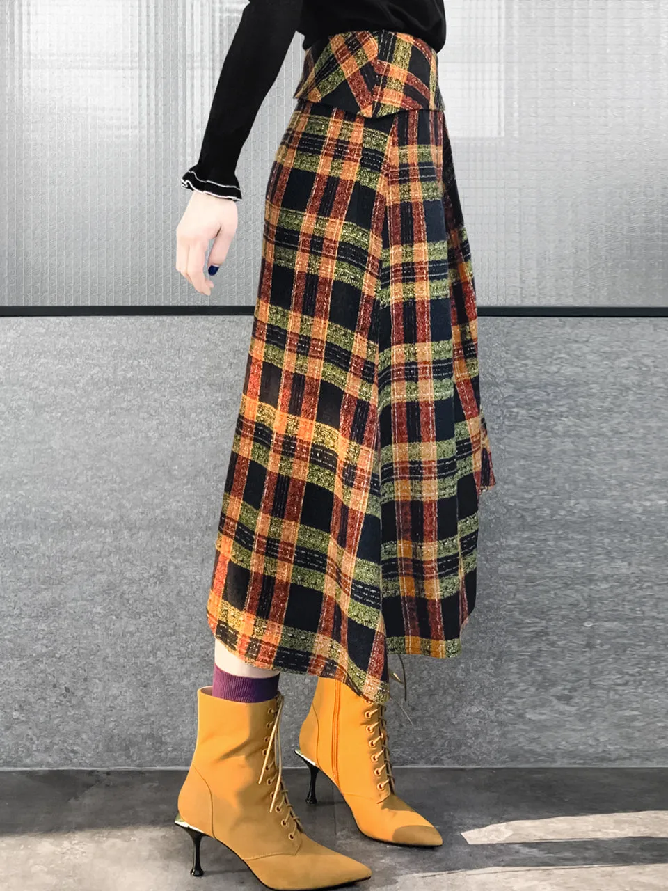 Last Chance! Yellowish Tartan Roll Top High/Low Flowy Skirt