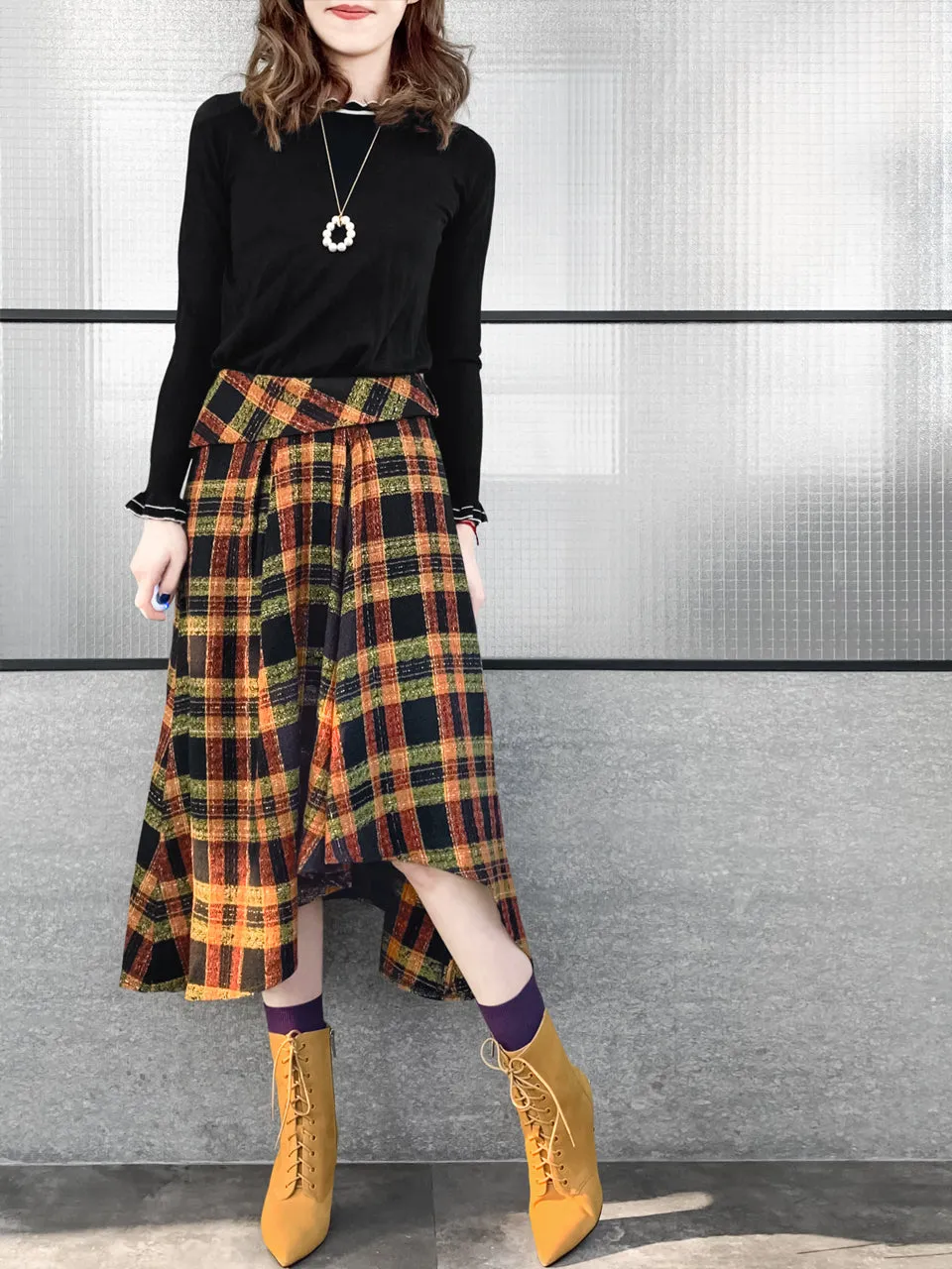 Last Chance! Yellowish Tartan Roll Top High/Low Flowy Skirt