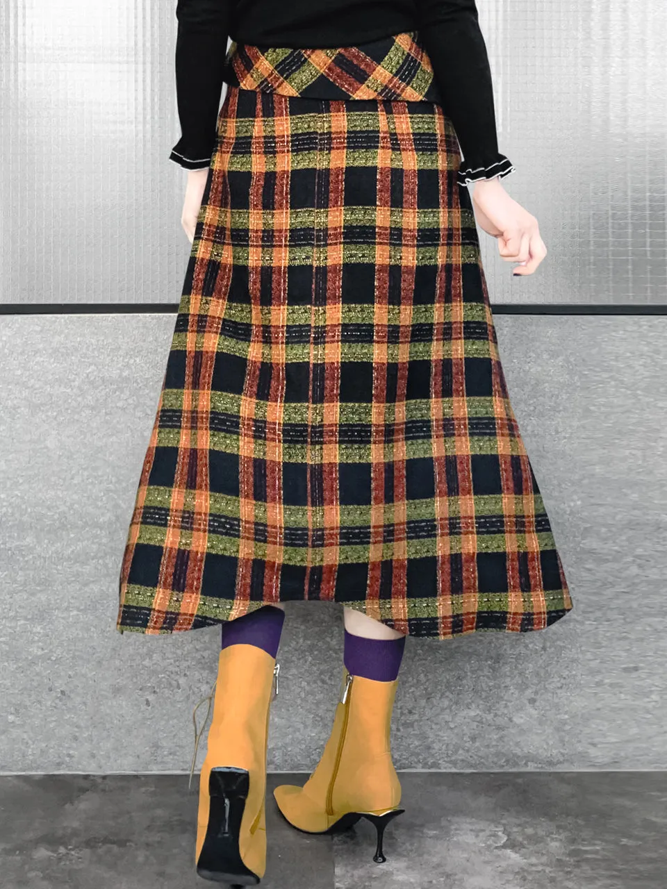 Last Chance! Yellowish Tartan Roll Top High/Low Flowy Skirt