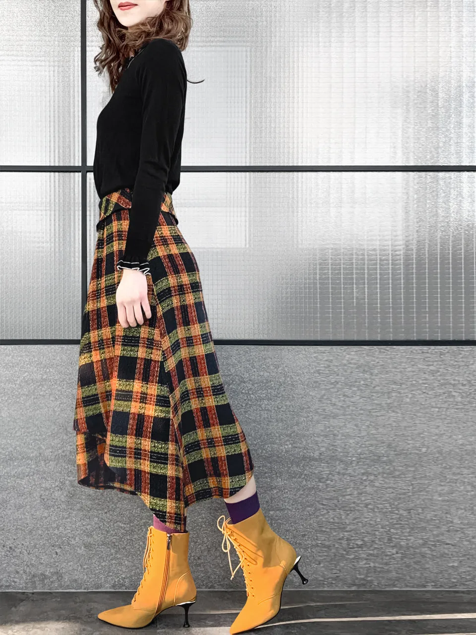 Last Chance! Yellowish Tartan Roll Top High/Low Flowy Skirt