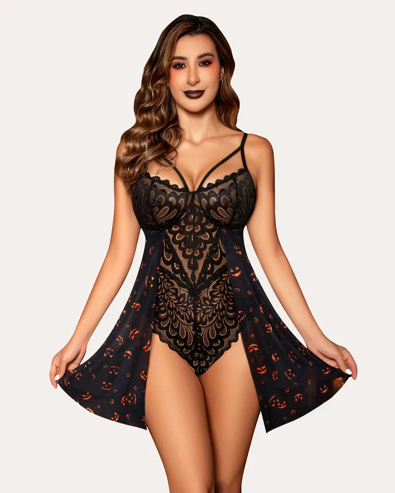 Leopard Floral Lace Snap Crotch Teddy