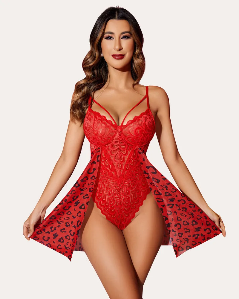 Leopard Floral Lace Snap Crotch Teddy