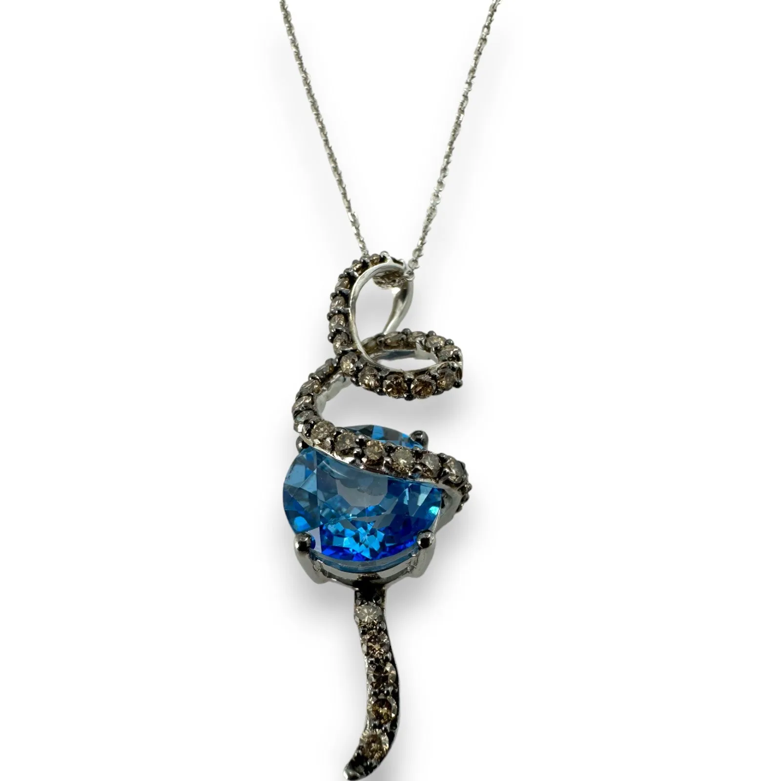 LeVian Solid 14kt White Gold Chocolatier Pendant with Blue Topaz and Cognac Chocolate Diamonds on 18" Chain