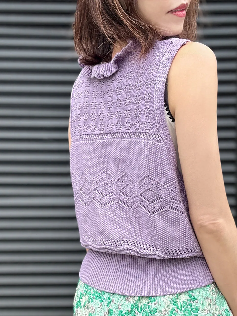 Lilac Purple Ruffle Collar Pattern-stitched Button Front Vest