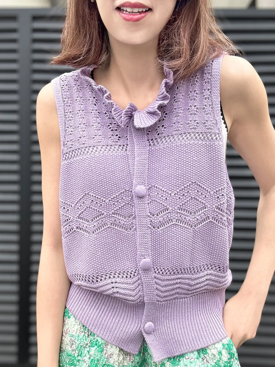 Lilac Purple Ruffle Collar Pattern-stitched Button Front Vest