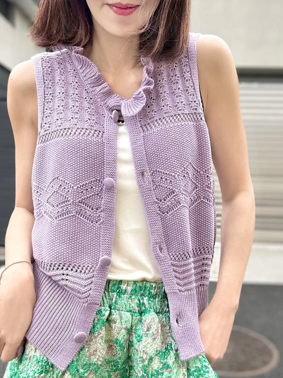 Lilac Purple Ruffle Collar Pattern-stitched Button Front Vest