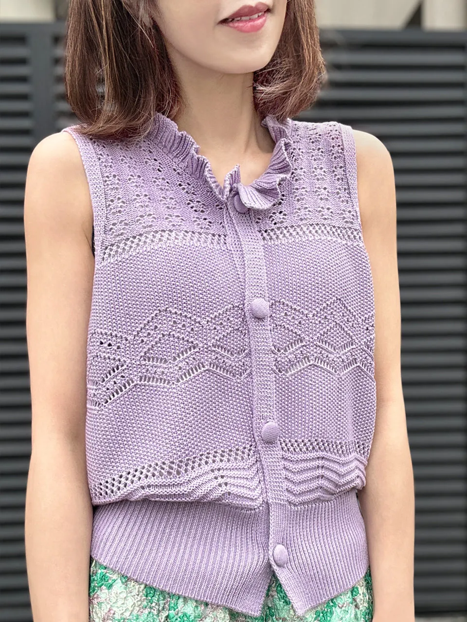 Lilac Purple Ruffle Collar Pattern-stitched Button Front Vest