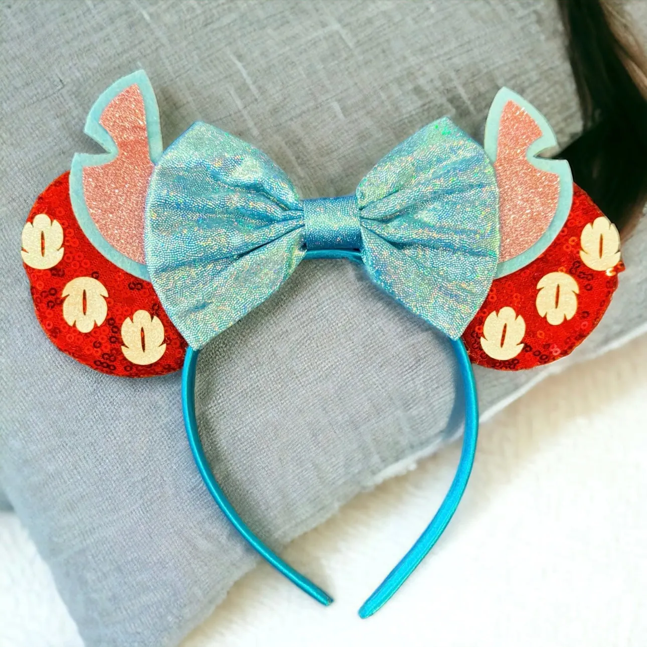 Lilo and Stitch Inspired Sequin Disney Mouse Ears with Glitter Bow - NEW