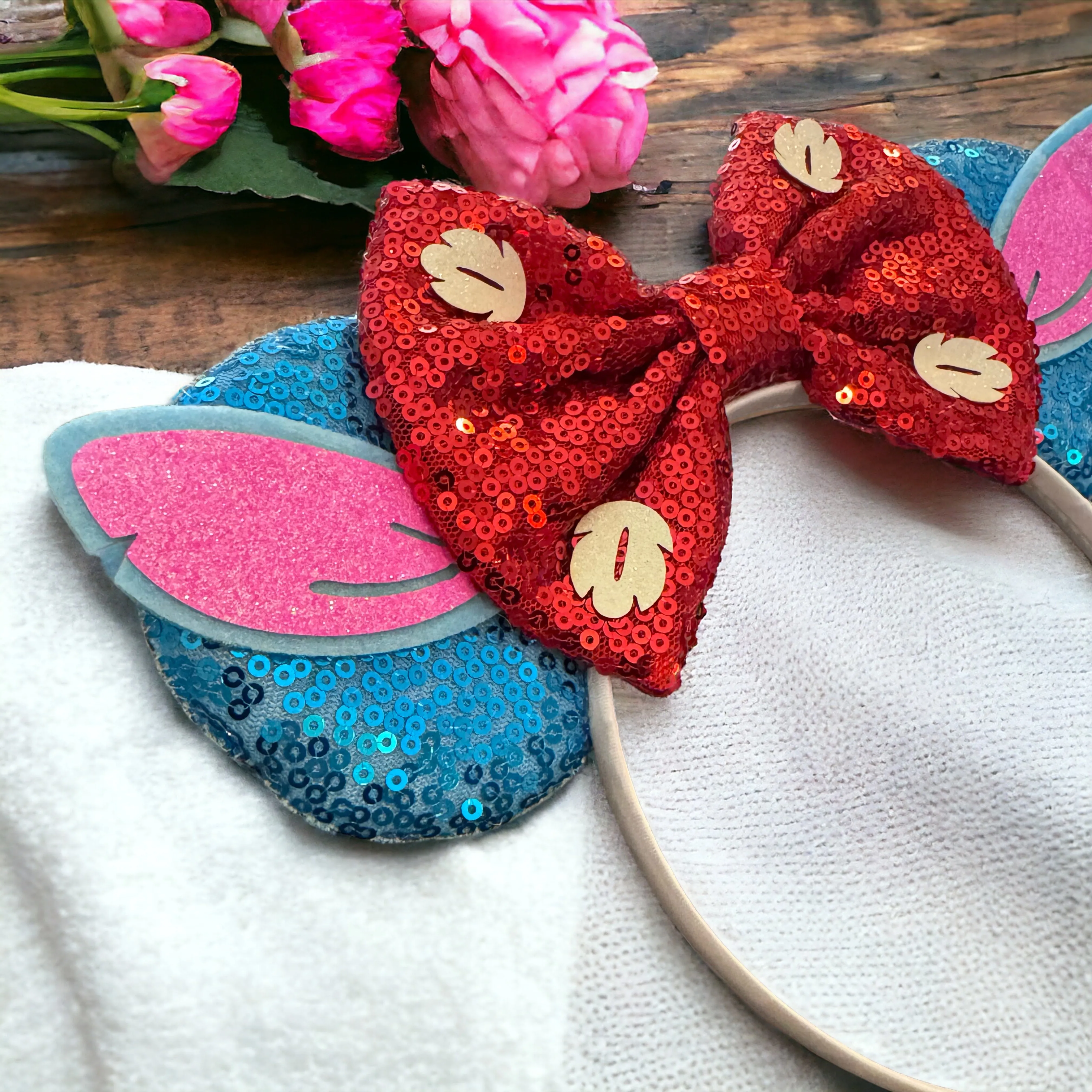 Lilo and Stitch Inspired Sequin Disney Mouse Ears with Glitter Bow - NEW