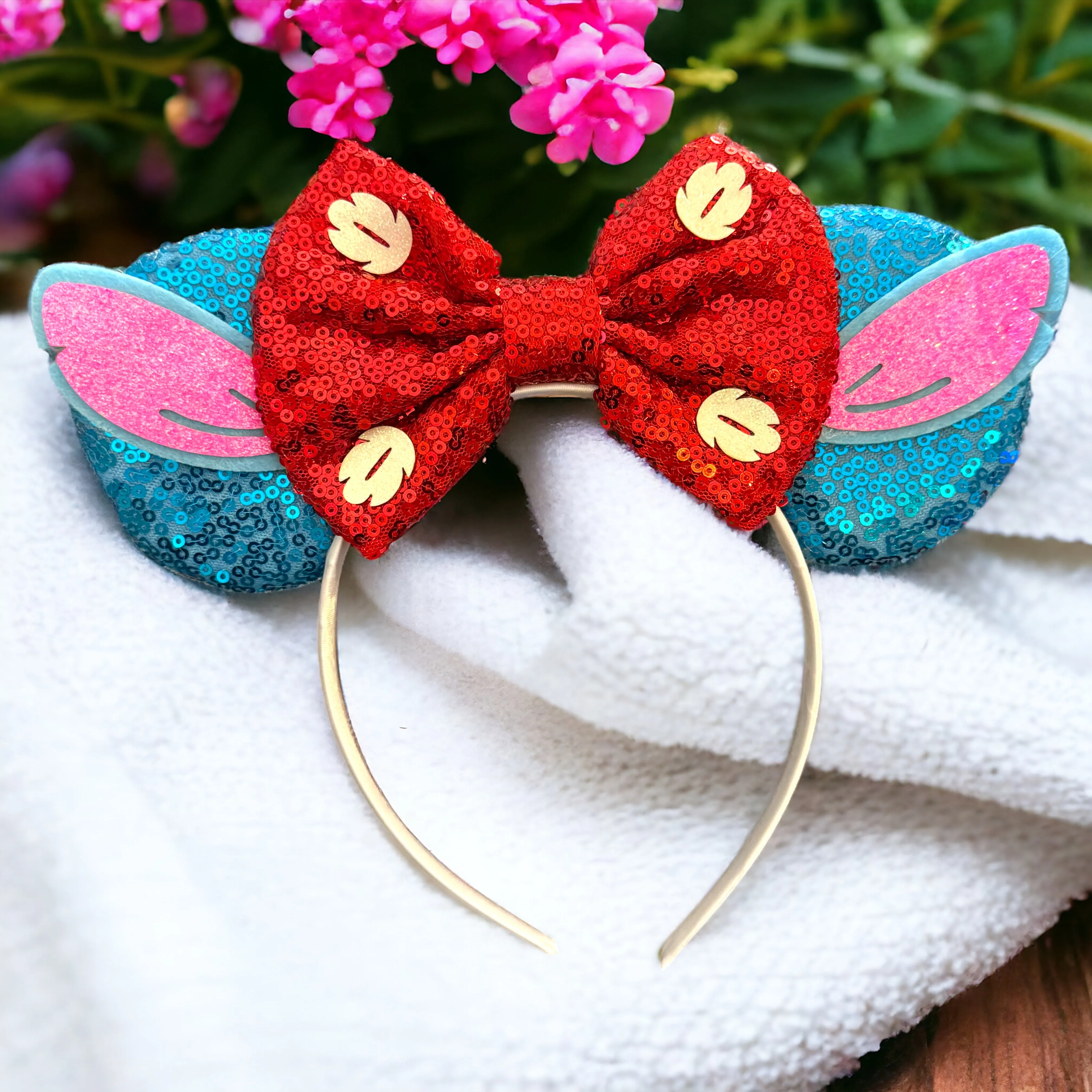 Lilo and Stitch Inspired Sequin Disney Mouse Ears with Glitter Bow - NEW