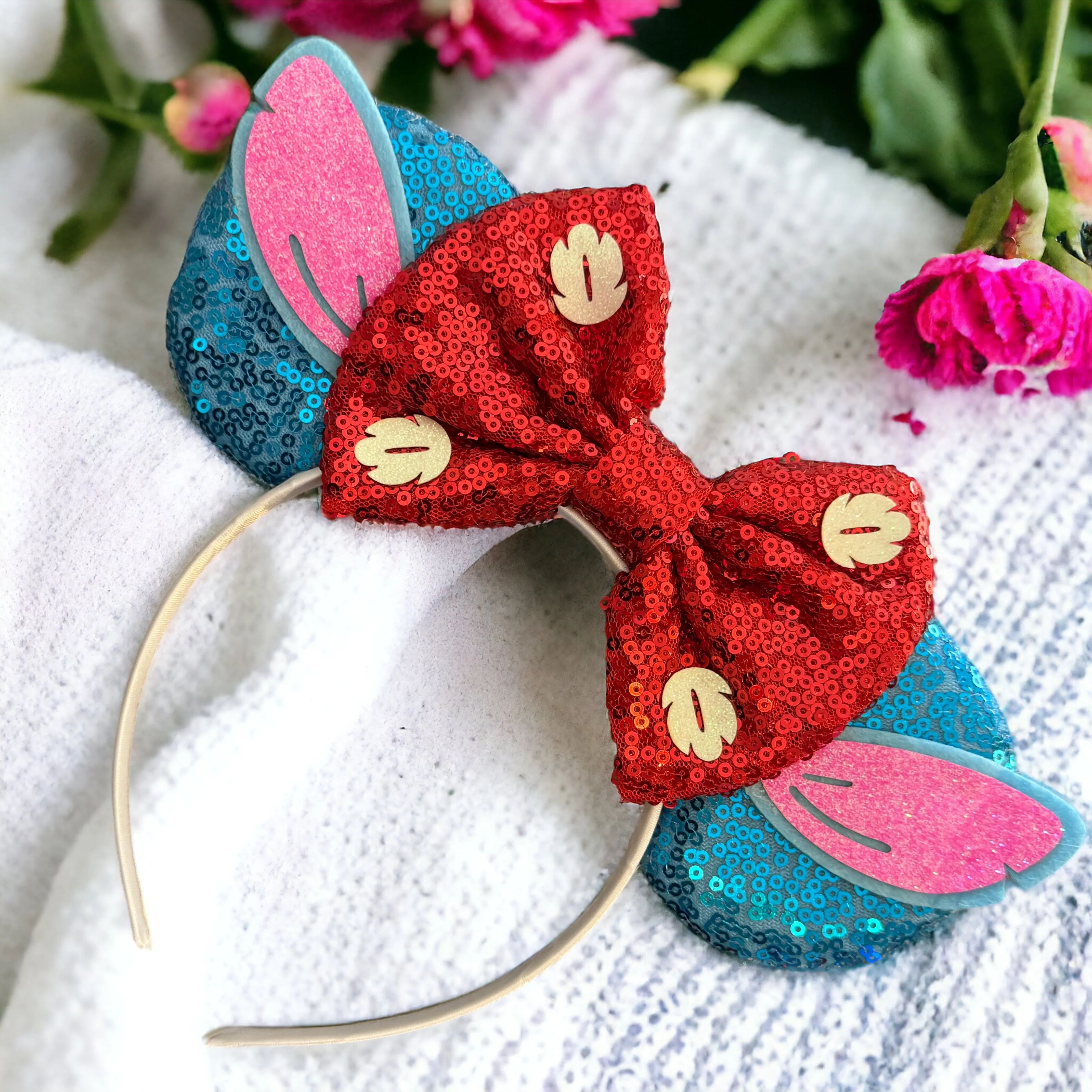 Lilo and Stitch Inspired Sequin Disney Mouse Ears with Glitter Bow - NEW