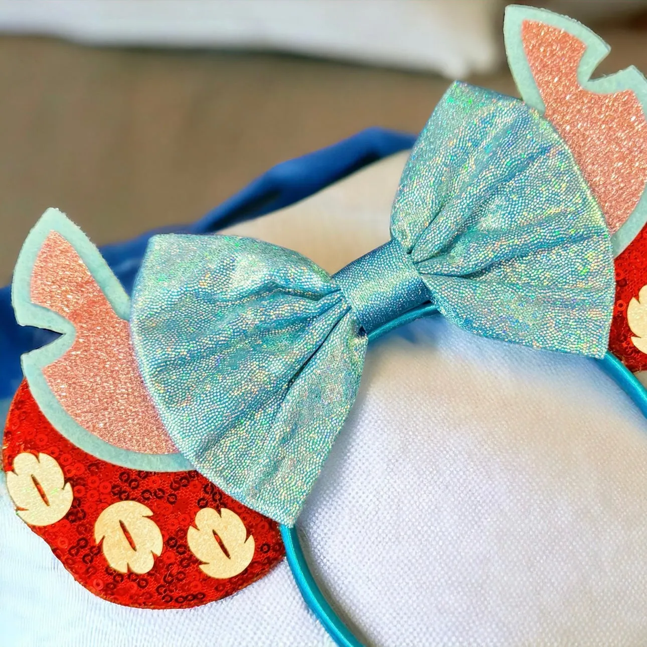 Lilo and Stitch Inspired Sequin Disney Mouse Ears with Glitter Bow - NEW