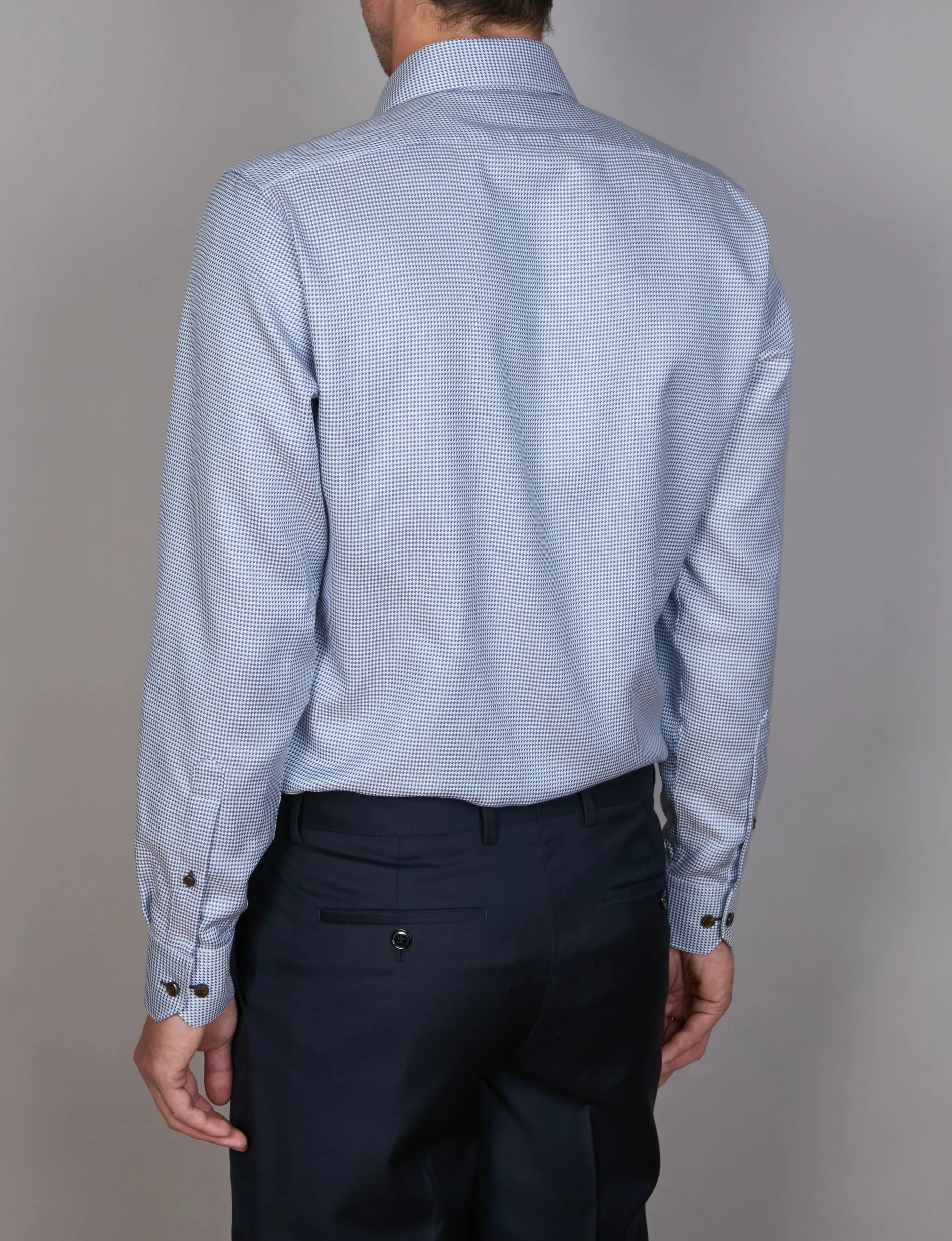 Long Sleeve Business Shirt - Blue with Chocolate & White Thread