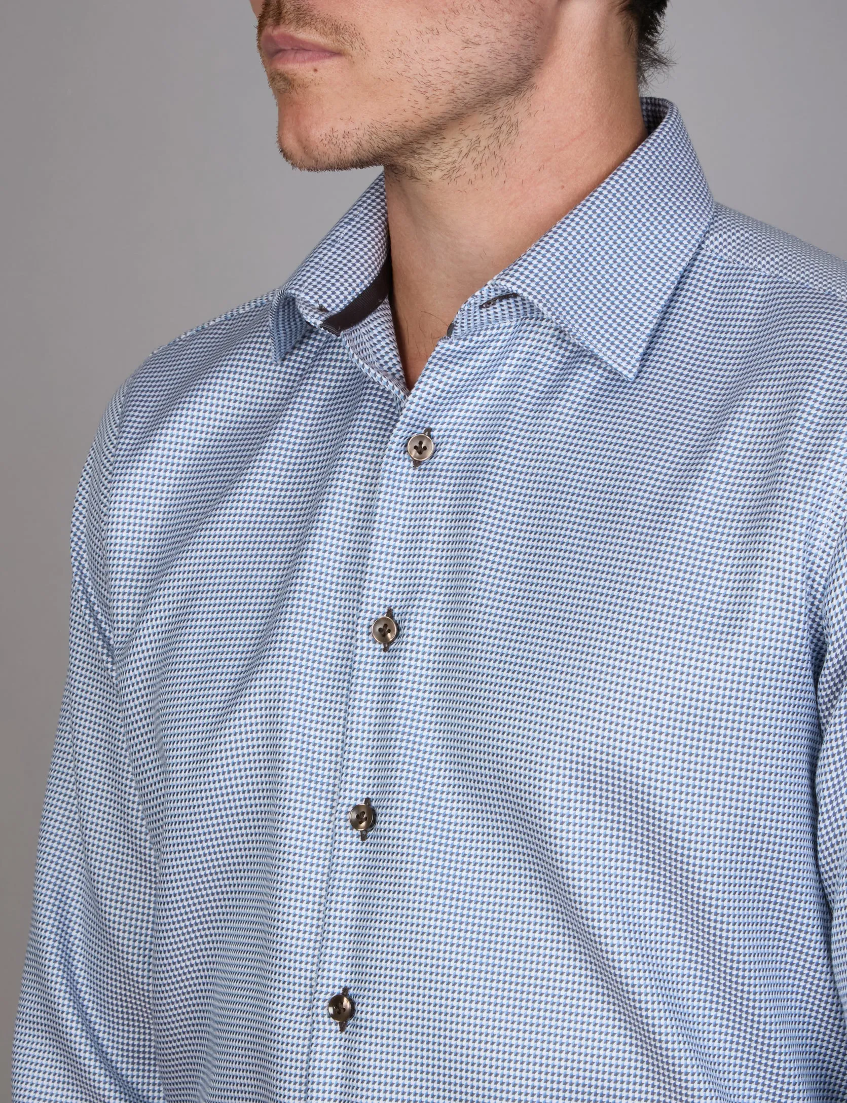 Long Sleeve Business Shirt - Blue with Chocolate & White Thread