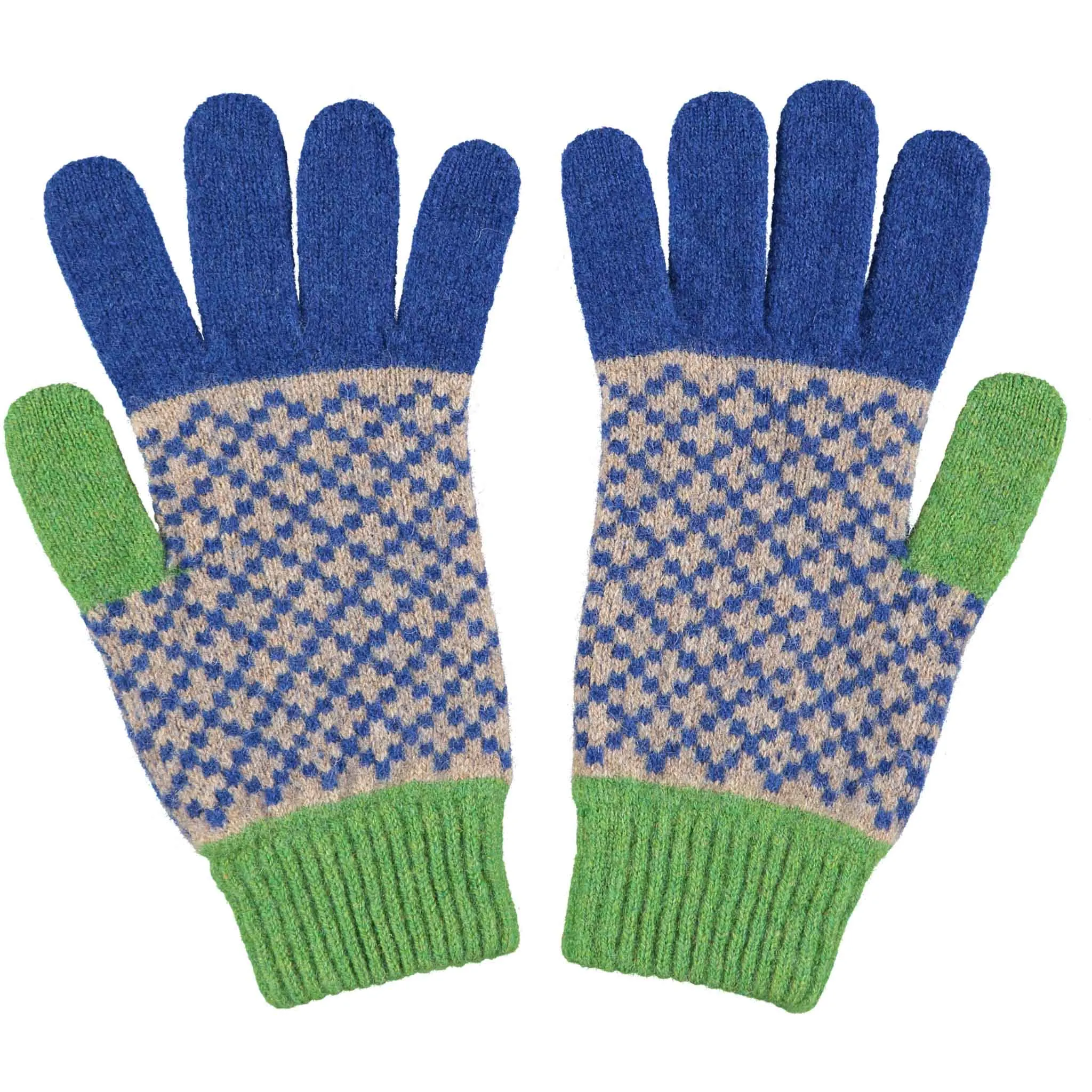 Men's Cross Pattern Marine Blue & Green Lambswool Gloves