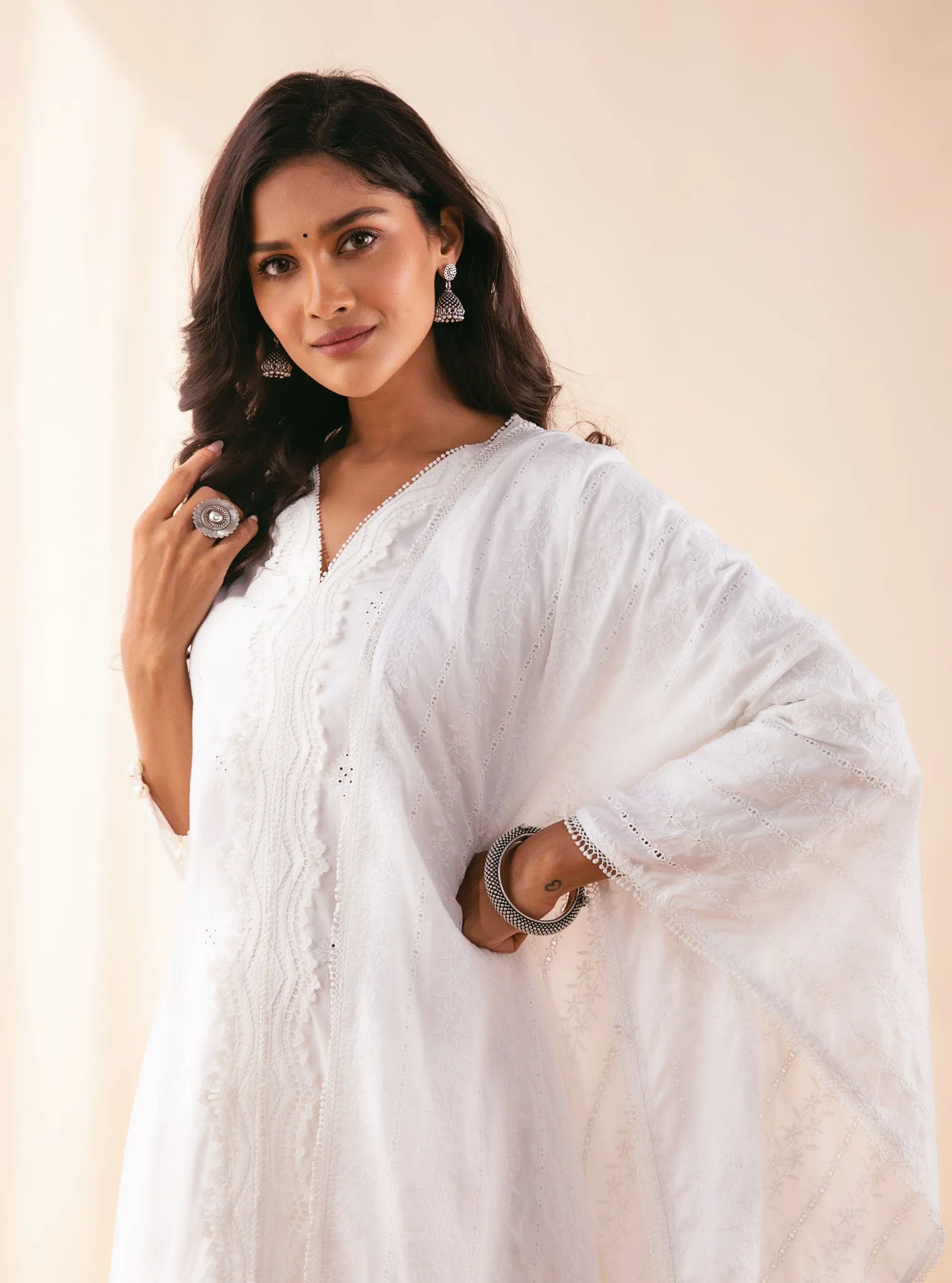 Mulmul Cotton Audrey White Kurta With Audrey White Palazzo