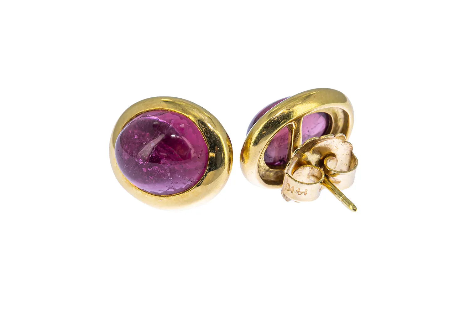 Natural Bezel Set Pink Tourmaline Shield 18K 750 Yellow Gold Pair of Earrings