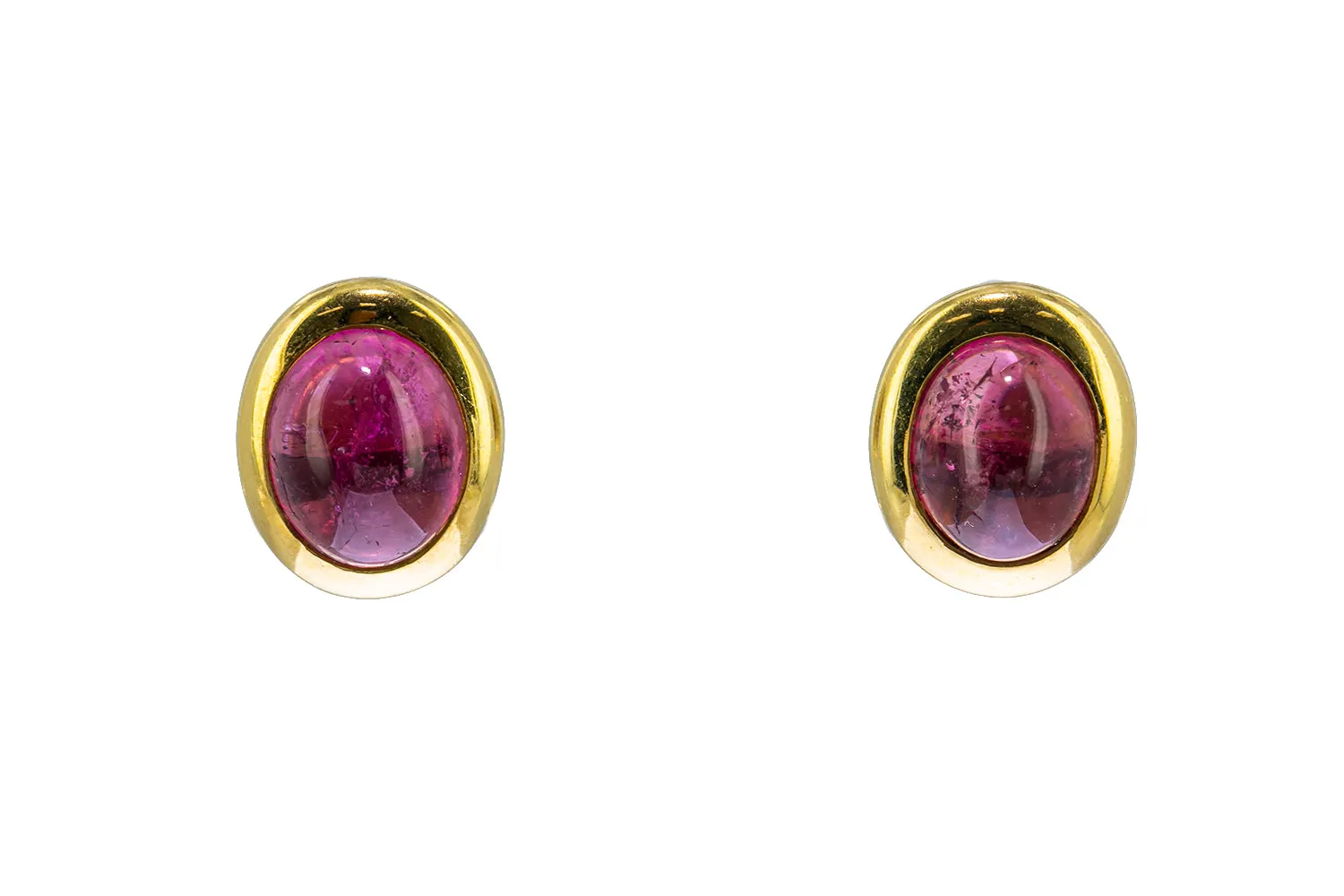 Natural Bezel Set Pink Tourmaline Shield 18K 750 Yellow Gold Pair of Earrings