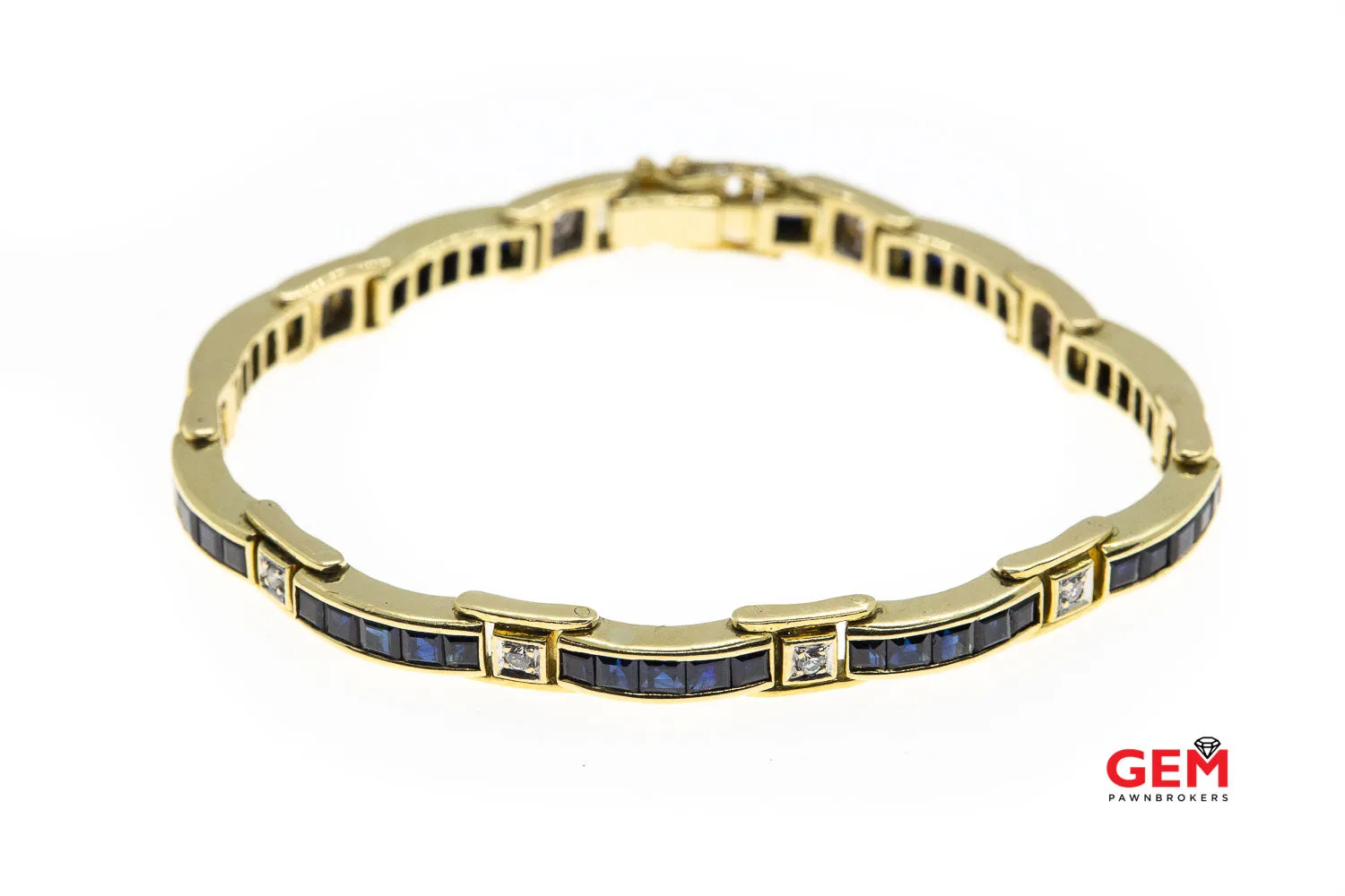 Natural Sapphire & Diamond Bar Link Station 18K 750 Yellow Gold Bracelet