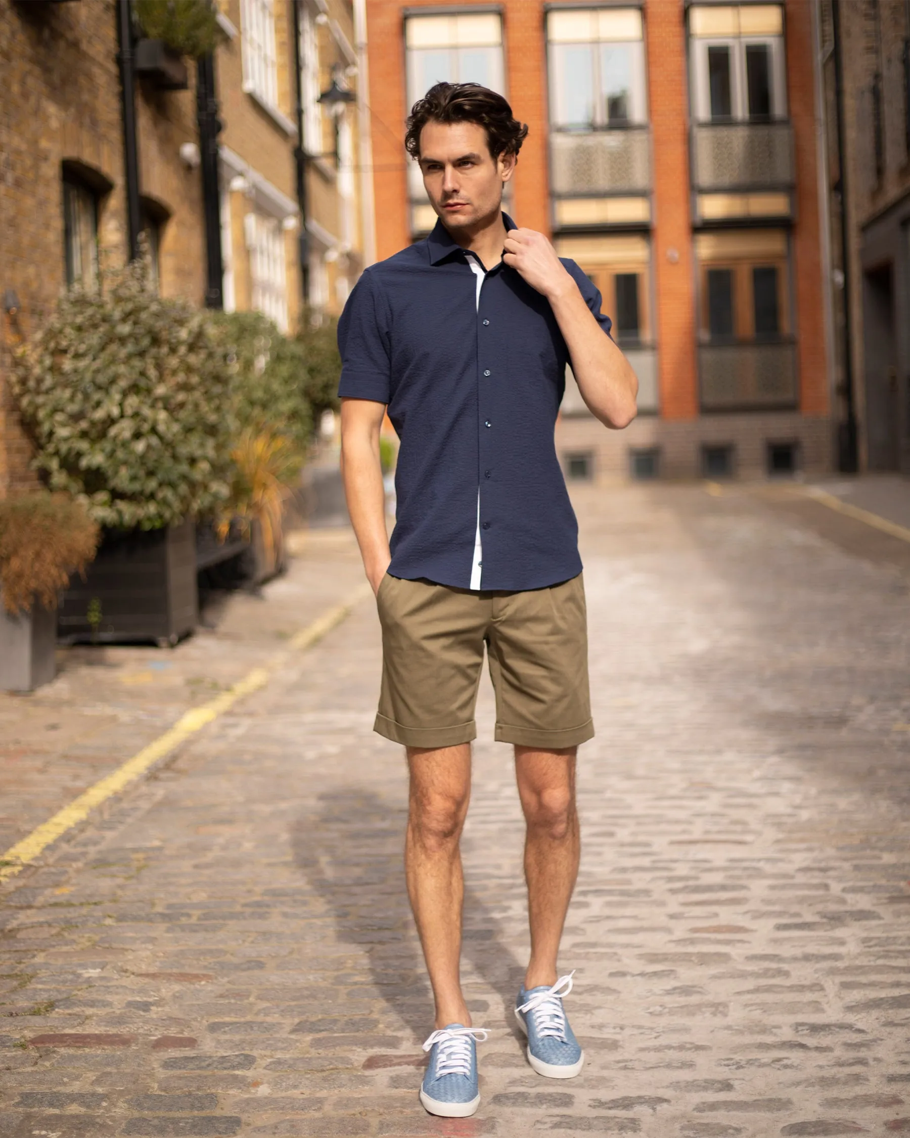 Navy Crushed Seersucker Twin-Trim Short Sleeve Shirt