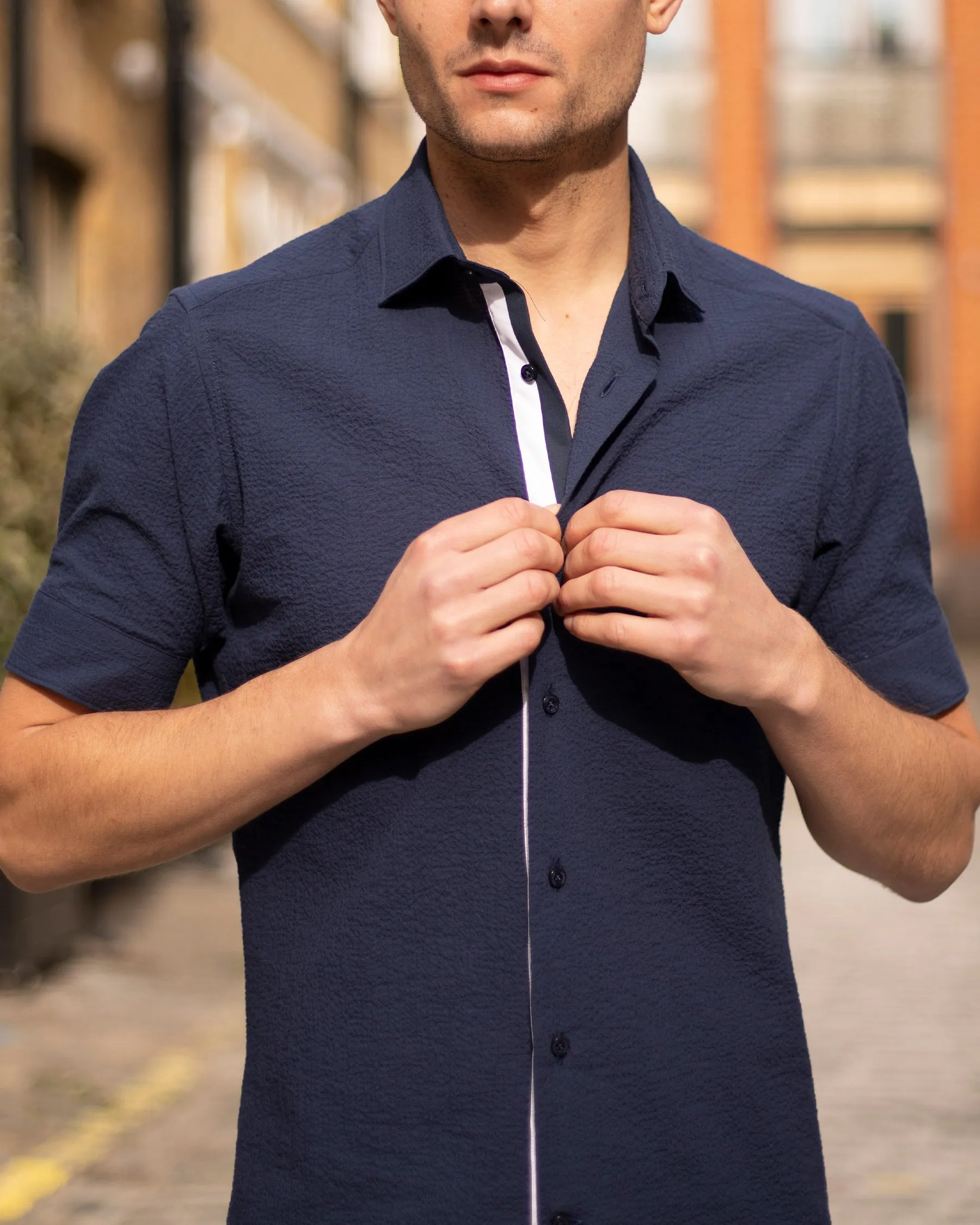 Navy Crushed Seersucker Twin-Trim Short Sleeve Shirt