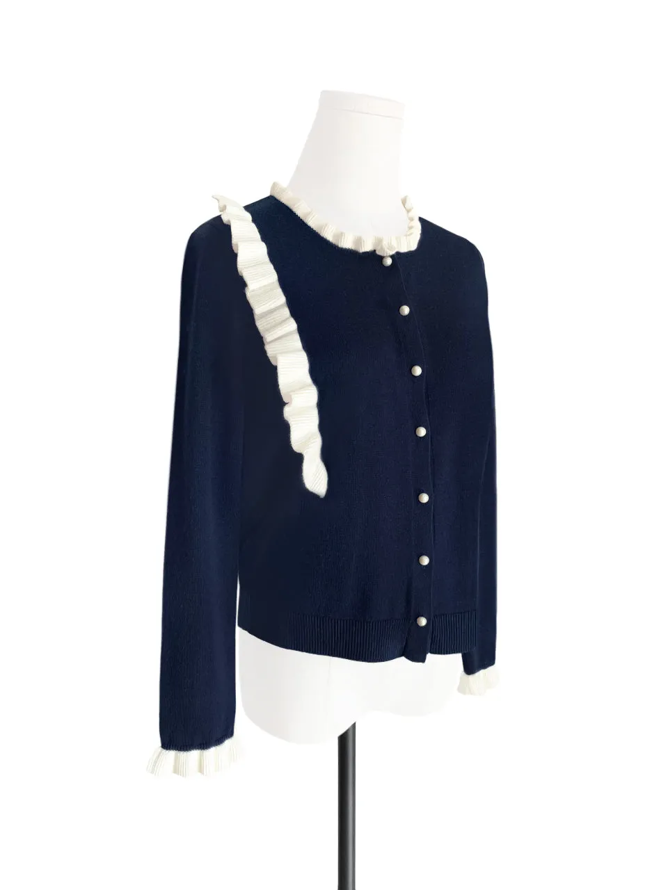 Navy/ Ivory Contrast Ruffle Cashmere & Wool Cardigan