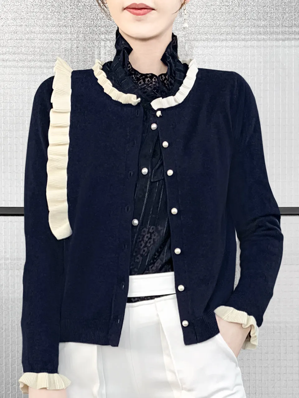 Navy/ Ivory Contrast Ruffle Cashmere & Wool Cardigan