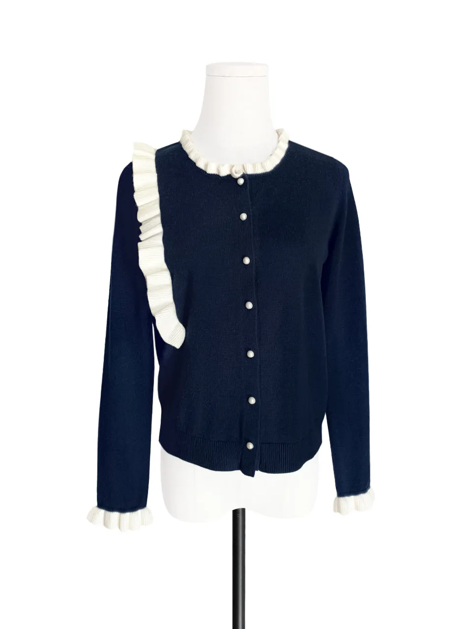 Navy/ Ivory Contrast Ruffle Cashmere & Wool Cardigan