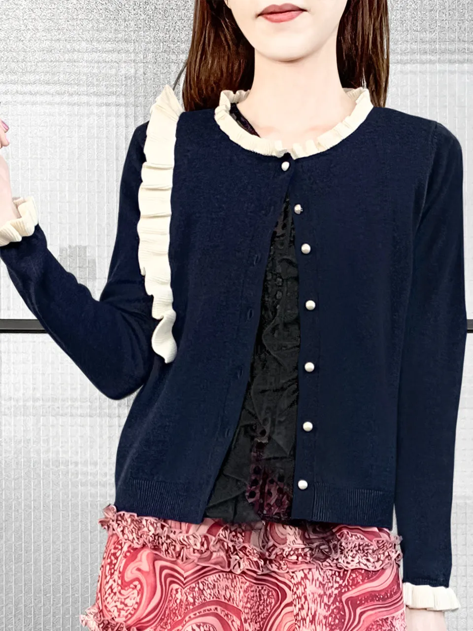 Navy/ Ivory Contrast Ruffle Cashmere & Wool Cardigan