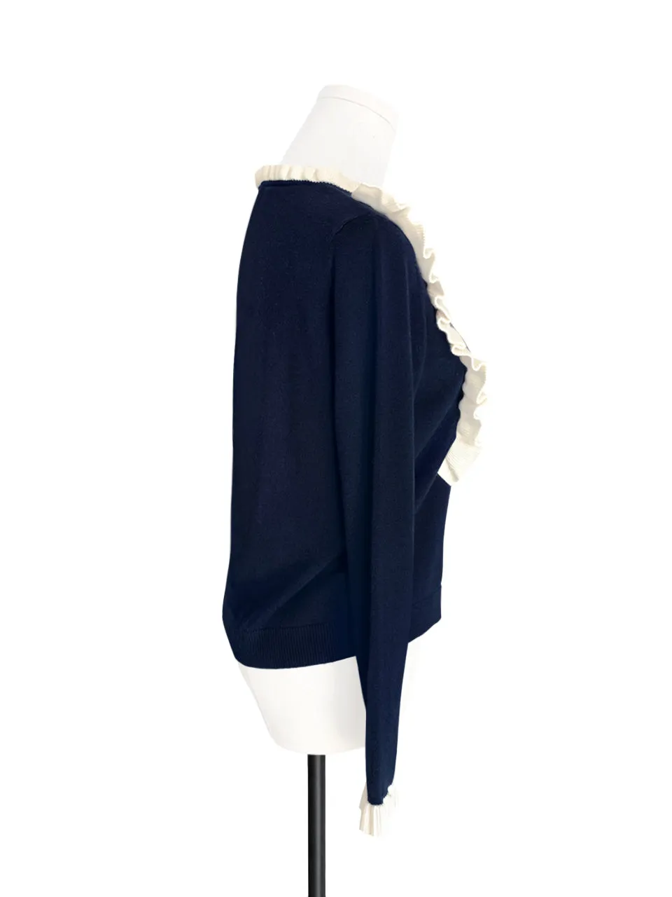 Navy/ Ivory Contrast Ruffle Cashmere & Wool Cardigan