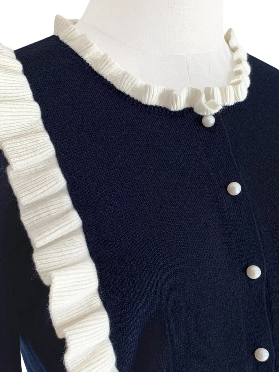 Navy/ Ivory Contrast Ruffle Cashmere & Wool Cardigan