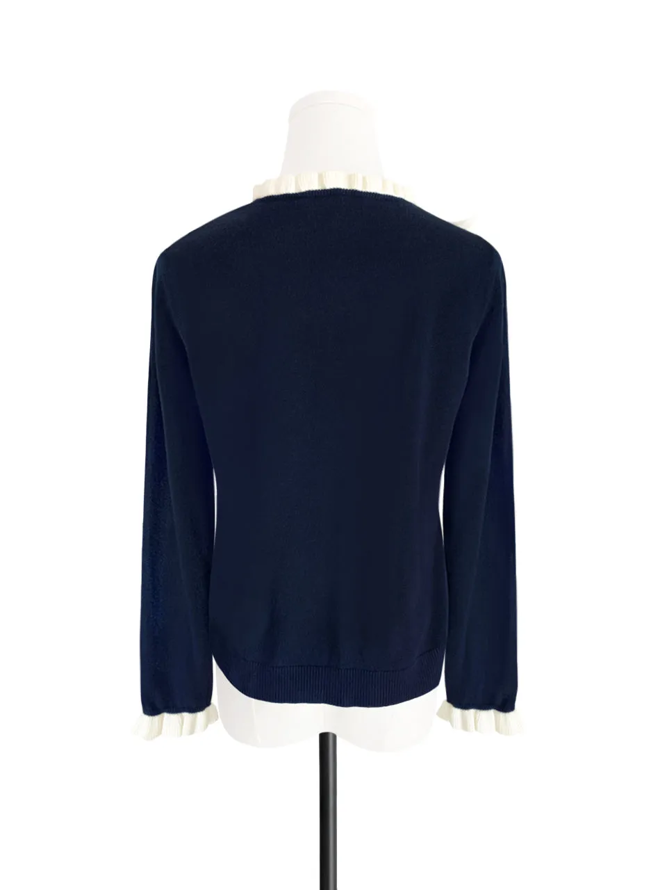 Navy/ Ivory Contrast Ruffle Cashmere & Wool Cardigan