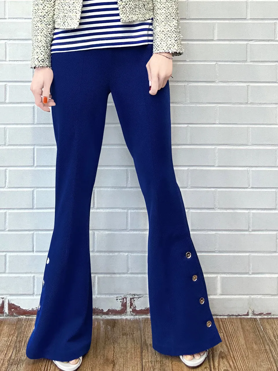 New Colour! French Blue Flare Leg Pull On Button Pants