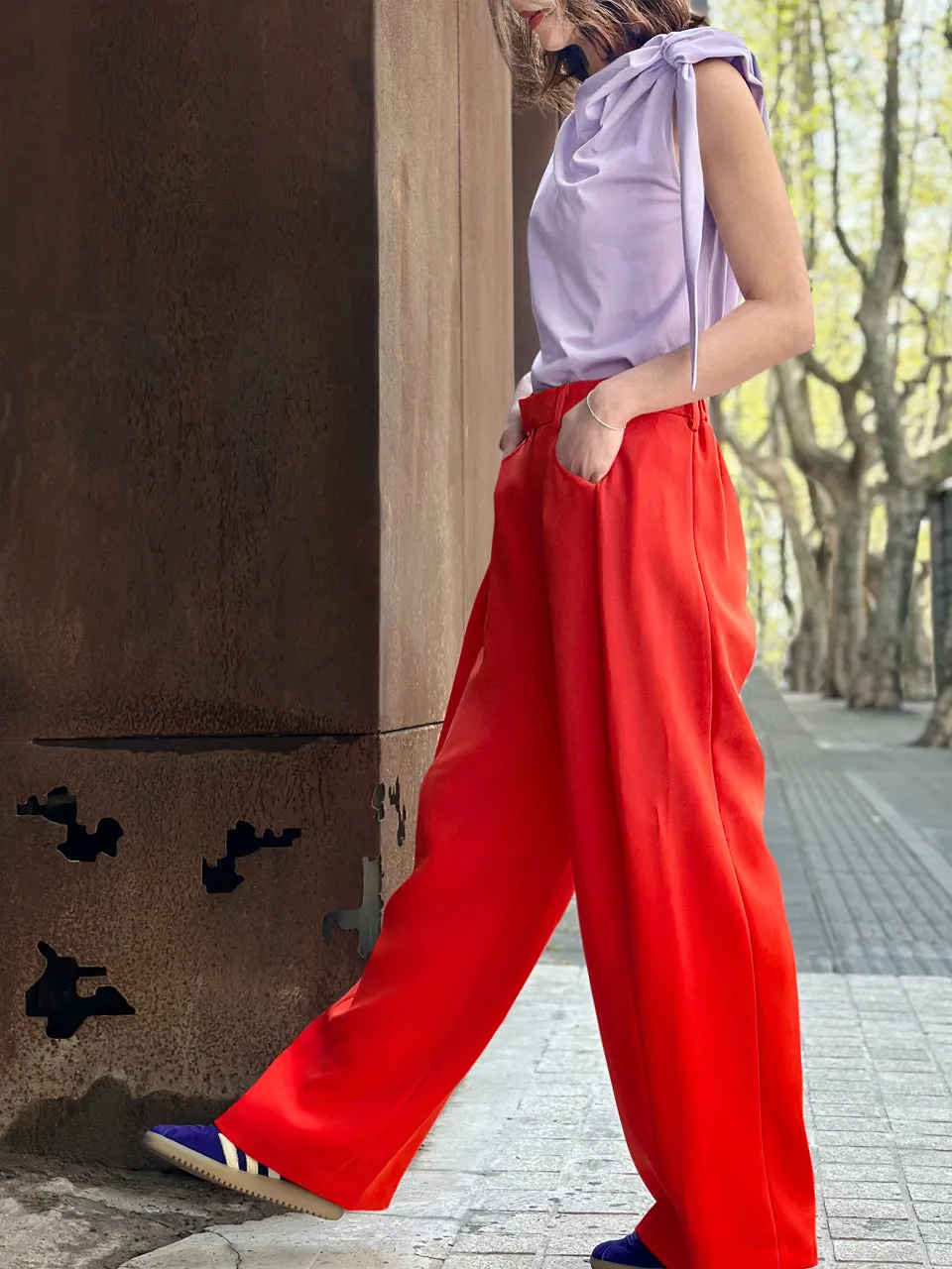 Poppy Red Pleat Front Detail Wide Leg Trousers