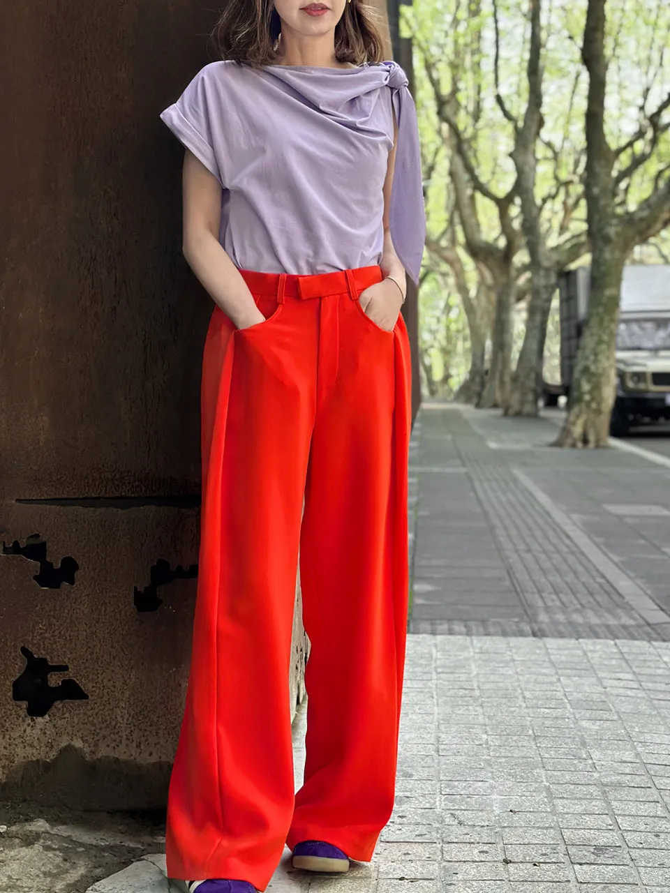 Poppy Red Pleat Front Detail Wide Leg Trousers