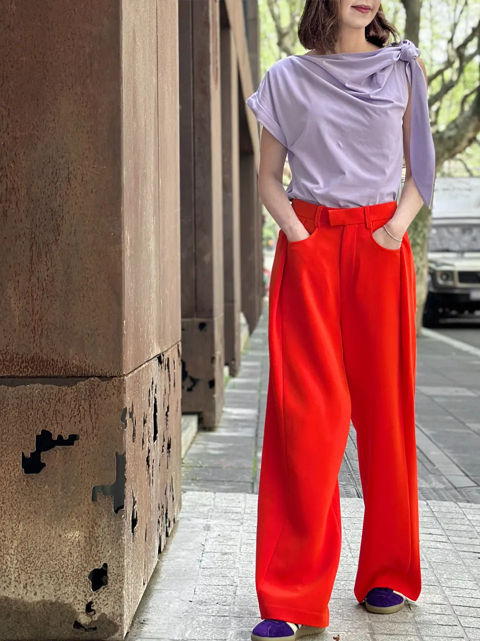 Poppy Red Pleat Front Detail Wide Leg Trousers