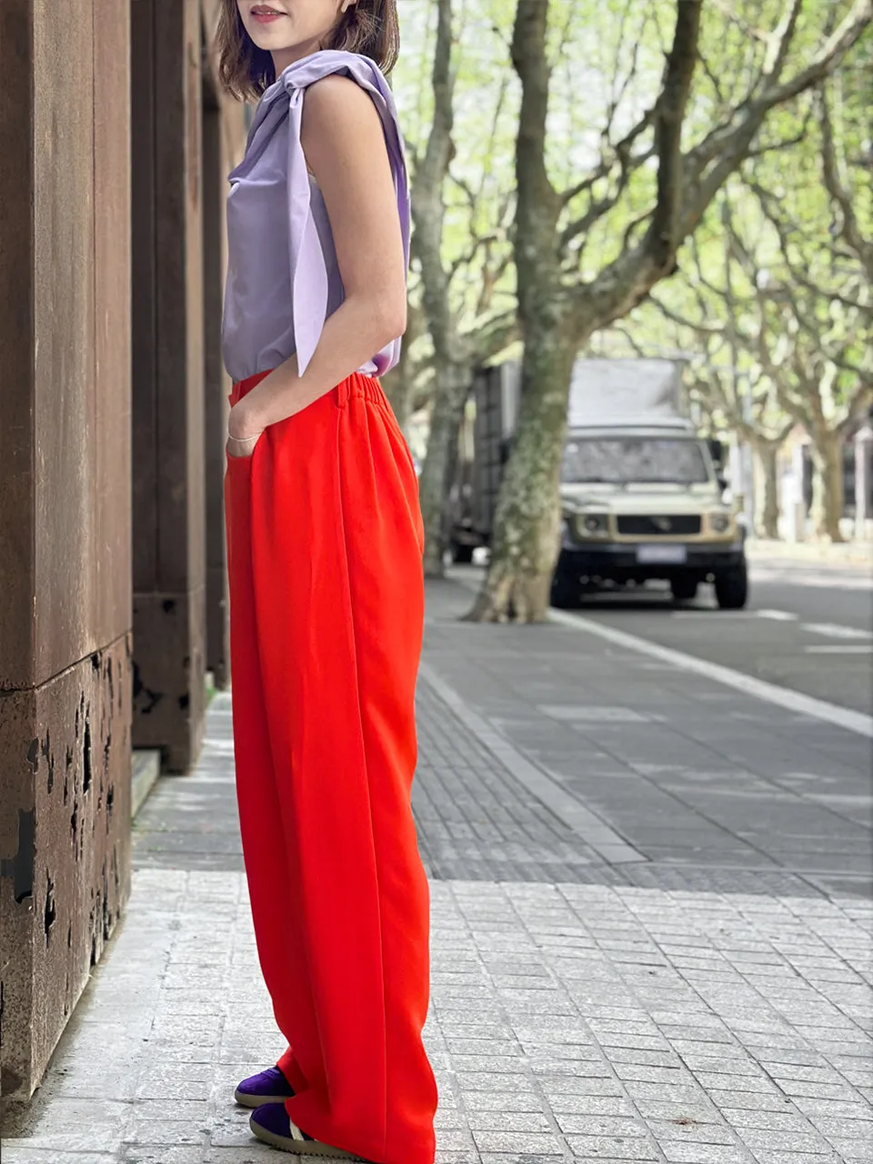 Poppy Red Pleat Front Detail Wide Leg Trousers