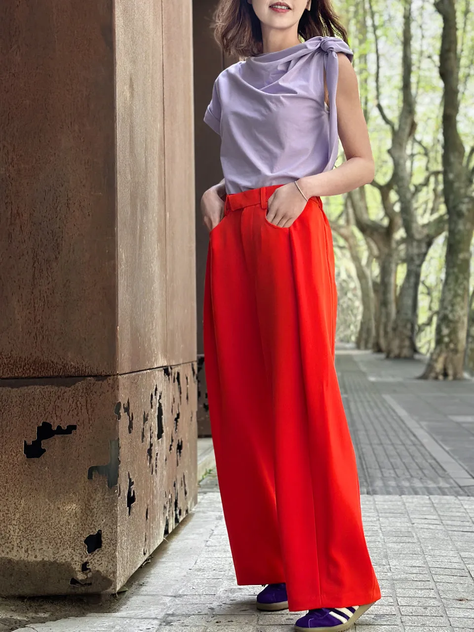 Poppy Red Pleat Front Detail Wide Leg Trousers