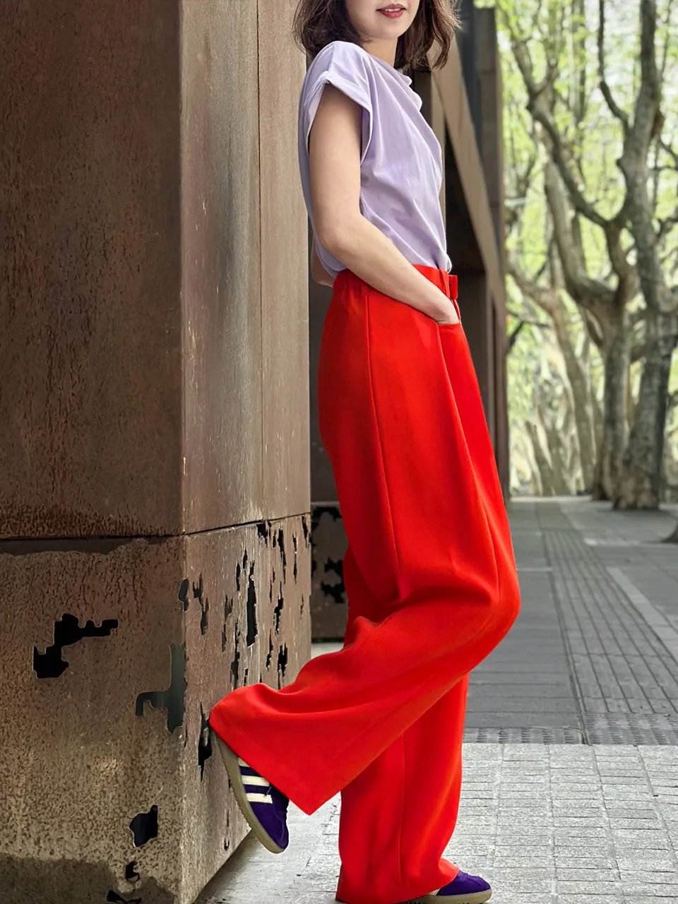 Poppy Red Pleat Front Detail Wide Leg Trousers