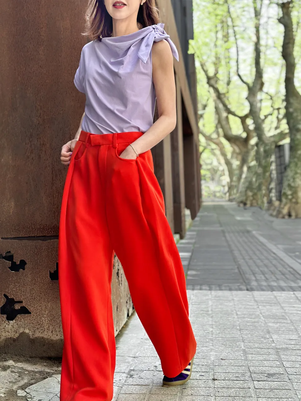 Poppy Red Pleat Front Detail Wide Leg Trousers