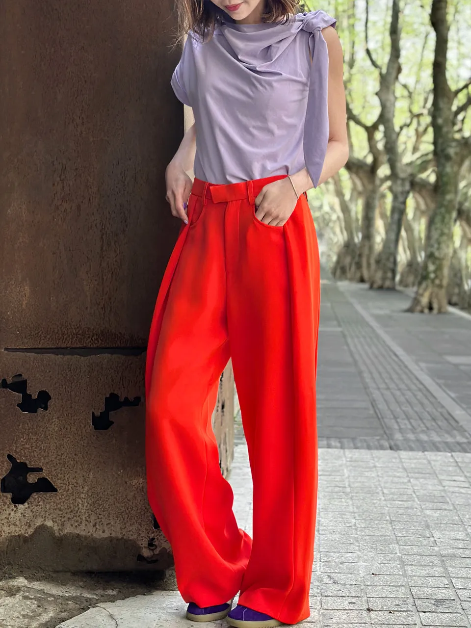 Poppy Red Pleat Front Detail Wide Leg Trousers