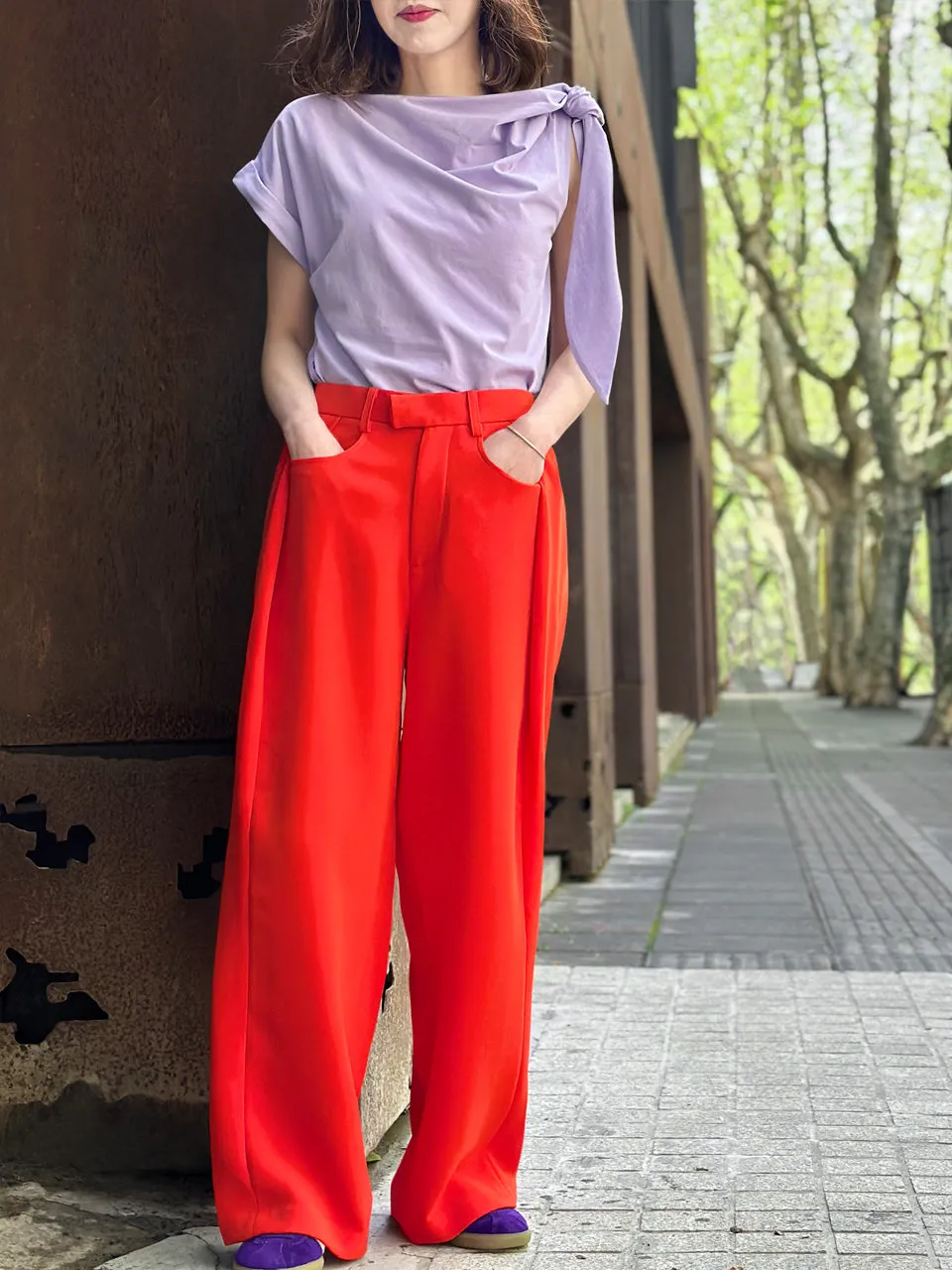 Poppy Red Pleat Front Detail Wide Leg Trousers