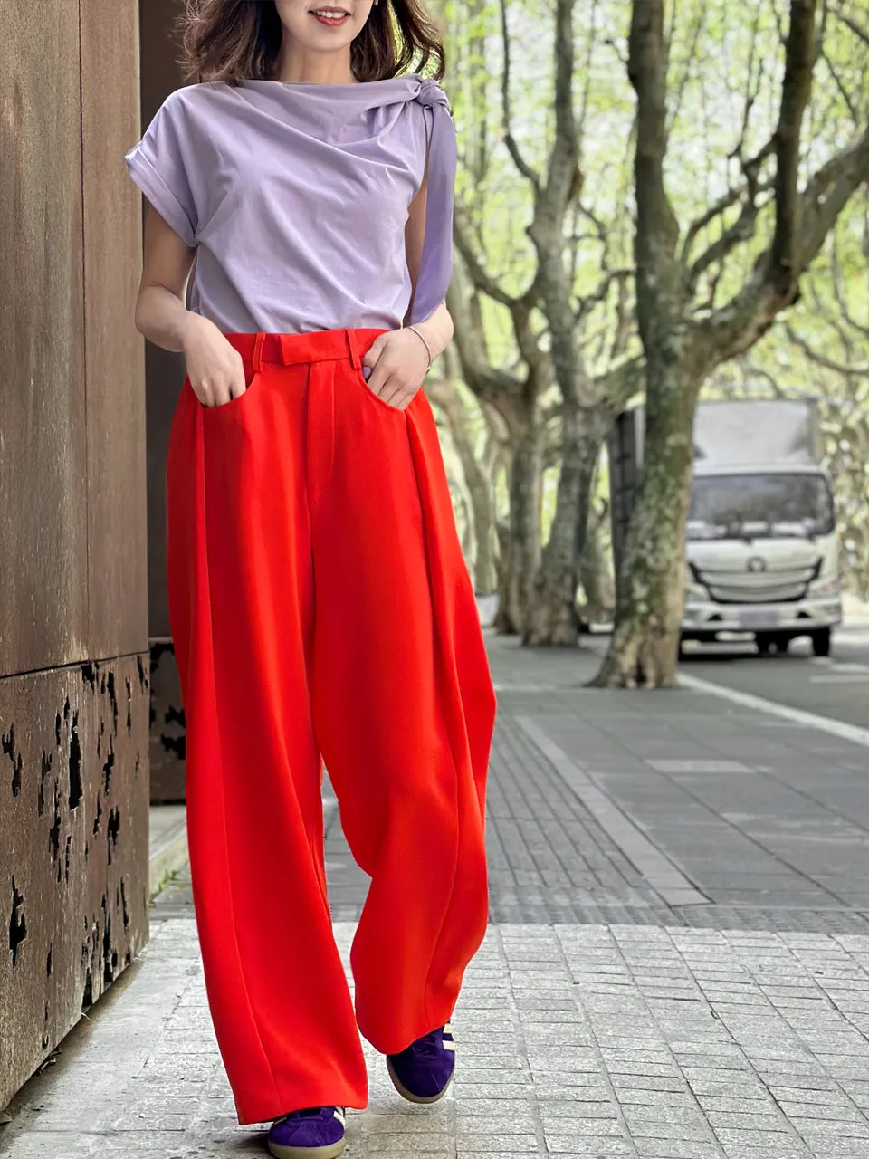 Poppy Red Pleat Front Detail Wide Leg Trousers