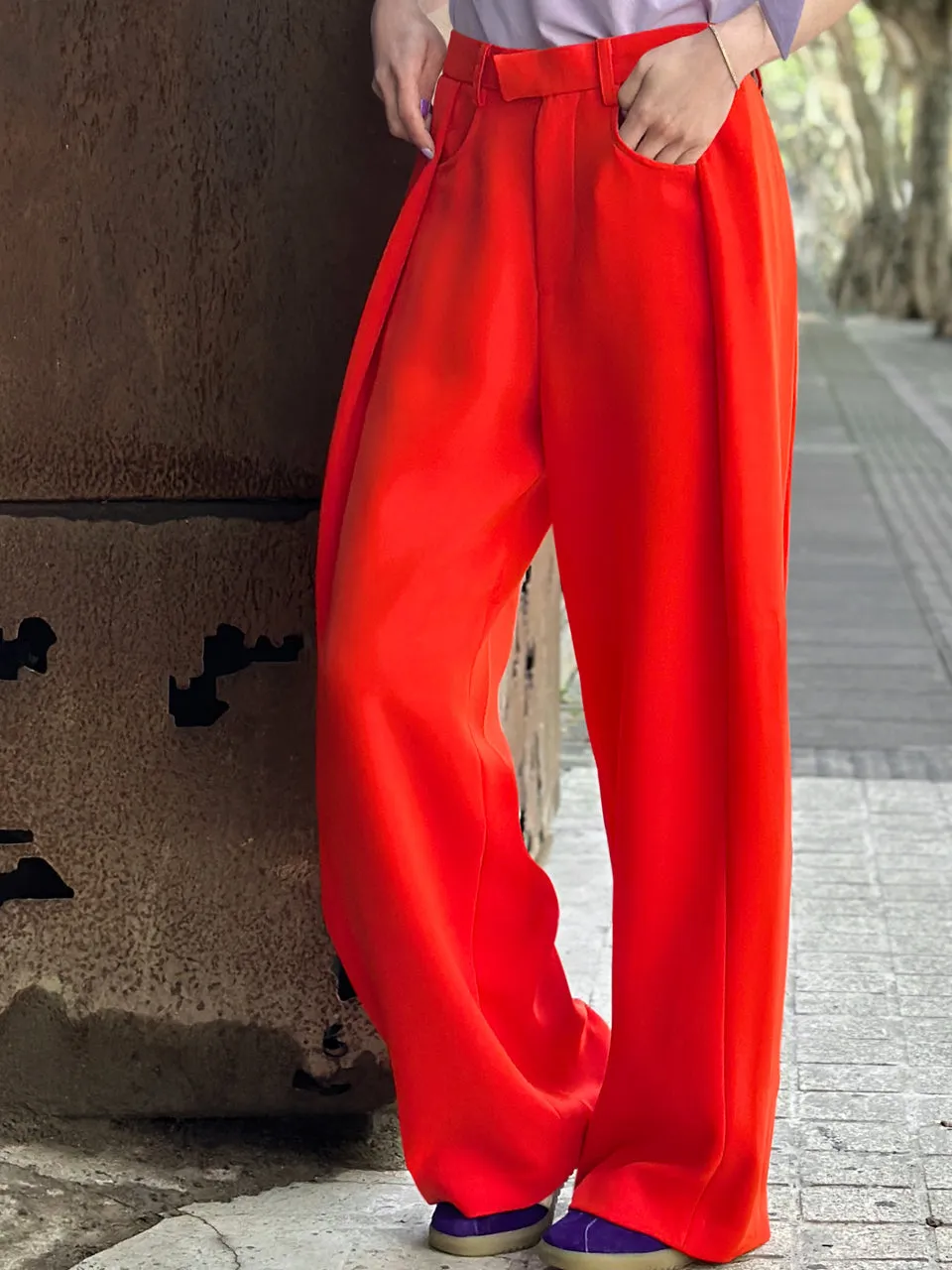 Poppy Red Pleat Front Detail Wide Leg Trousers